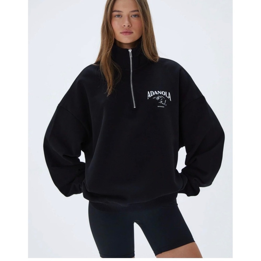 Adanola Outdoors Oversized Funnel Neck Zip Sweatshirt Black sz L Organic Cotton